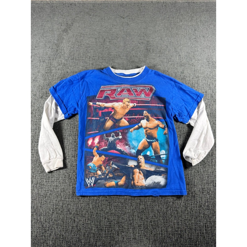 WWE RAW Wrestling Graphic T-Shirt Kids Blue Layered Long Sleeve Hybrid Tees VTG